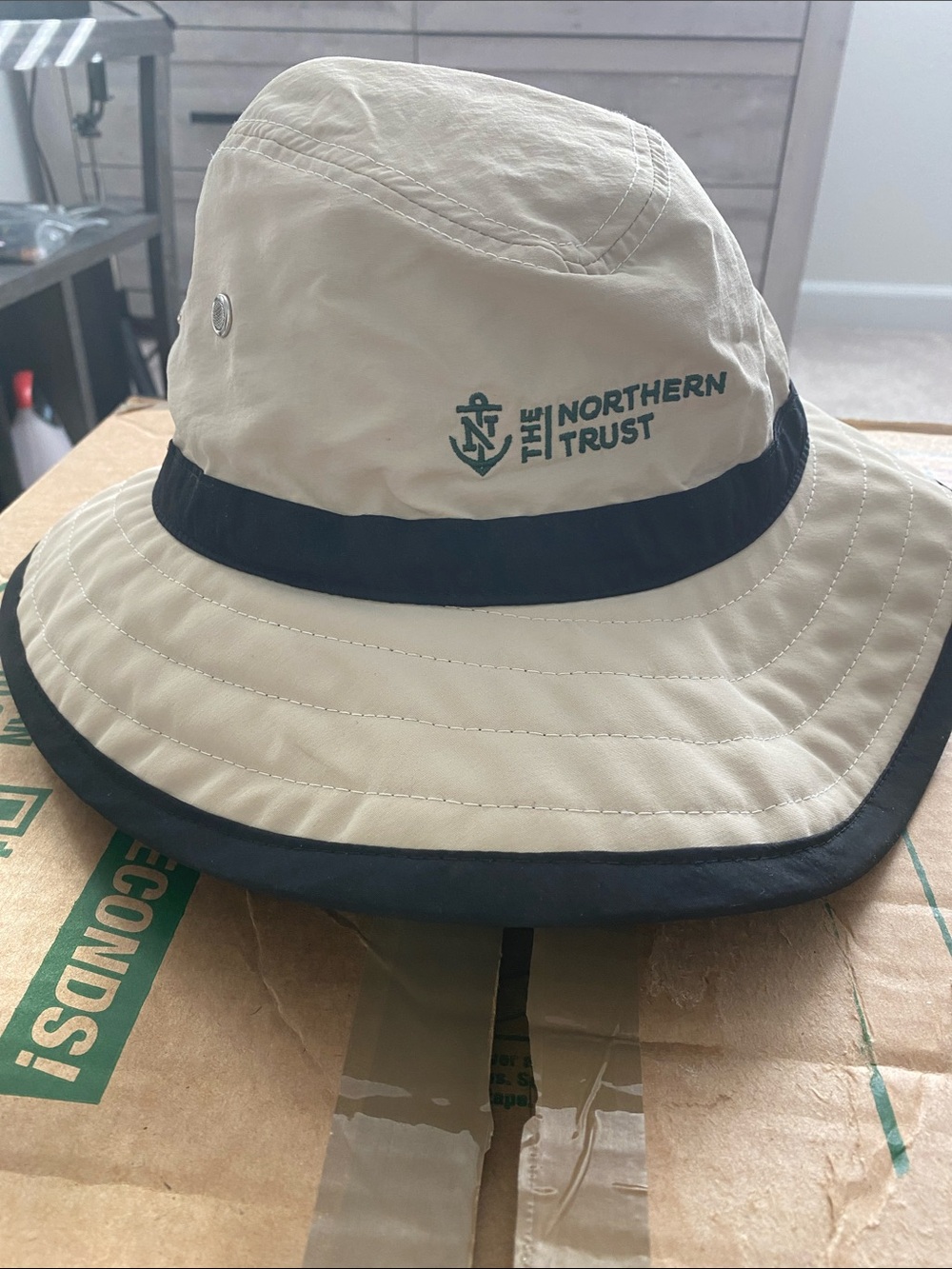 Arnold Palmer The Northern Trust Branded Golf Bucket Hat in Beige with Navy Trim